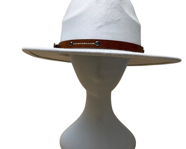 White Wool Hat With Brown Faux Leather Band Size 57
