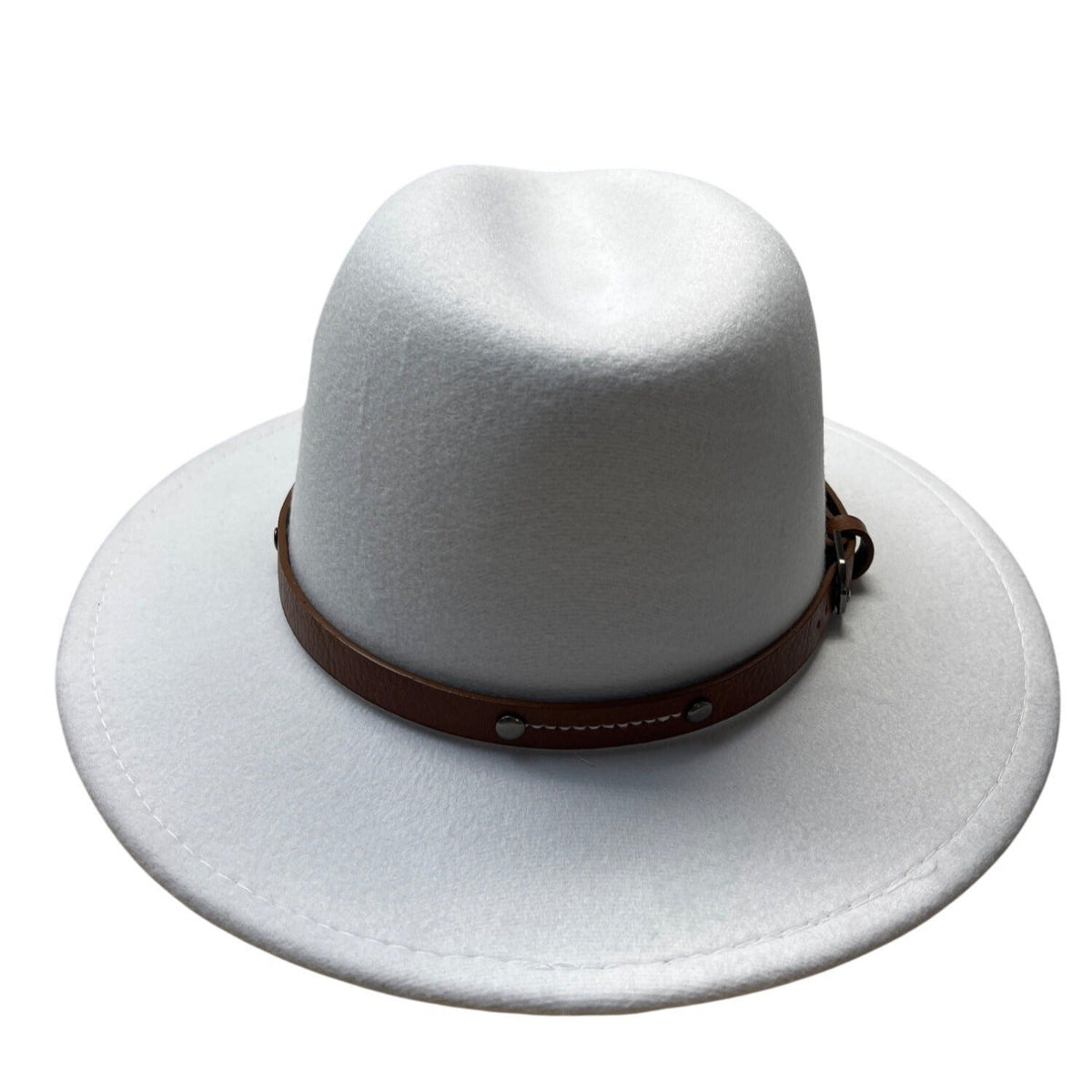 White Wool Hat With Brown Faux Leather Band Size 57