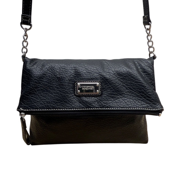 Nine West Black Faux Leather With Chain Strap & Metal Logo Plate Crossbody Bag