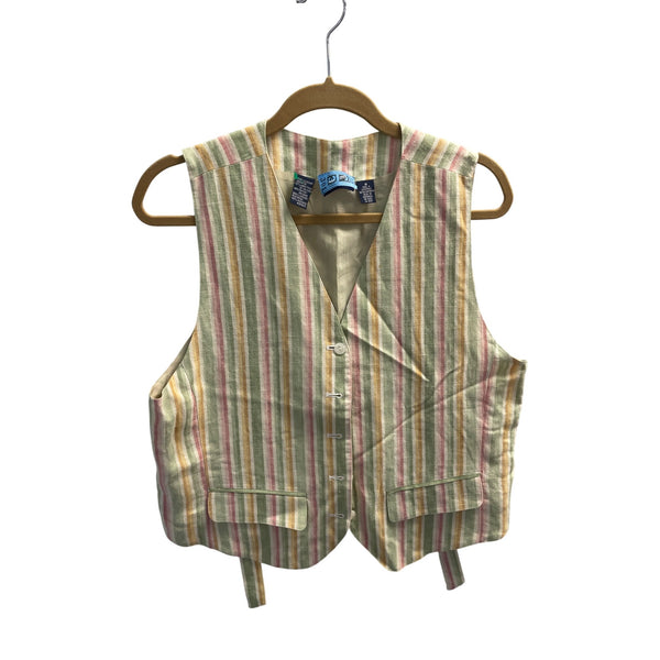 Multicolor Striped Women’s Linen Blend Button-Up Vest Adjustable Back Tie M Size