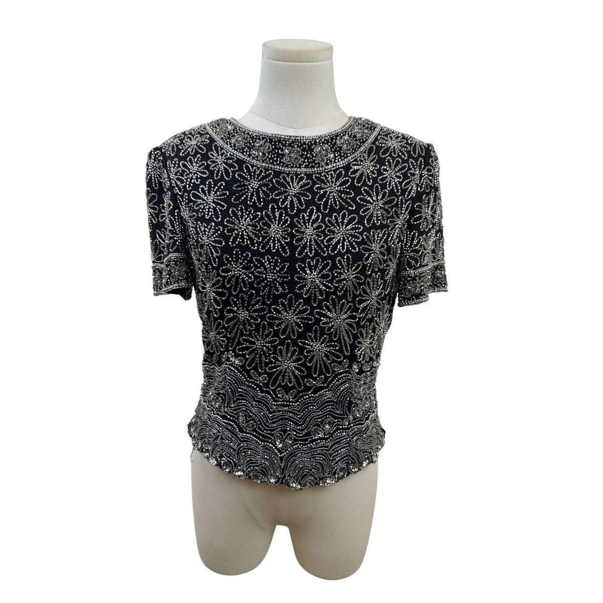 Papell Boutique Evening Black & Silver Beaded Silk Top Short Sleeve Floral Sz S