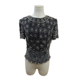 Papell Boutique Evening Black & Silver Beaded Silk Top Short Sleeve Floral Sz S