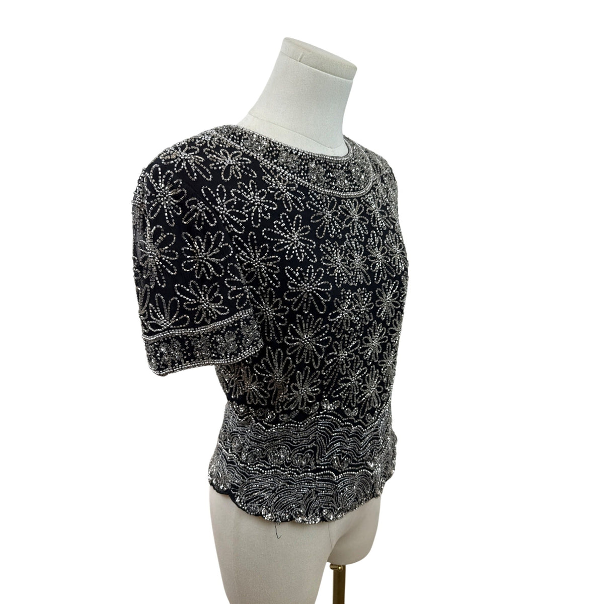Papell Boutique Evening Black & Silver Beaded Silk Top Short Sleeve Floral Sz S