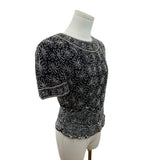Papell Boutique Evening Black & Silver Beaded Silk Top Short Sleeve Floral Sz S