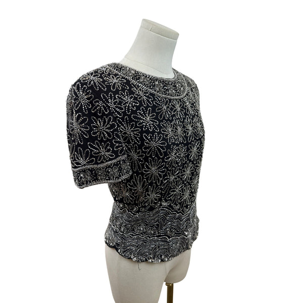Papell Boutique Evening Black & Silver Beaded Silk Top Short Sleeve Floral Sz S