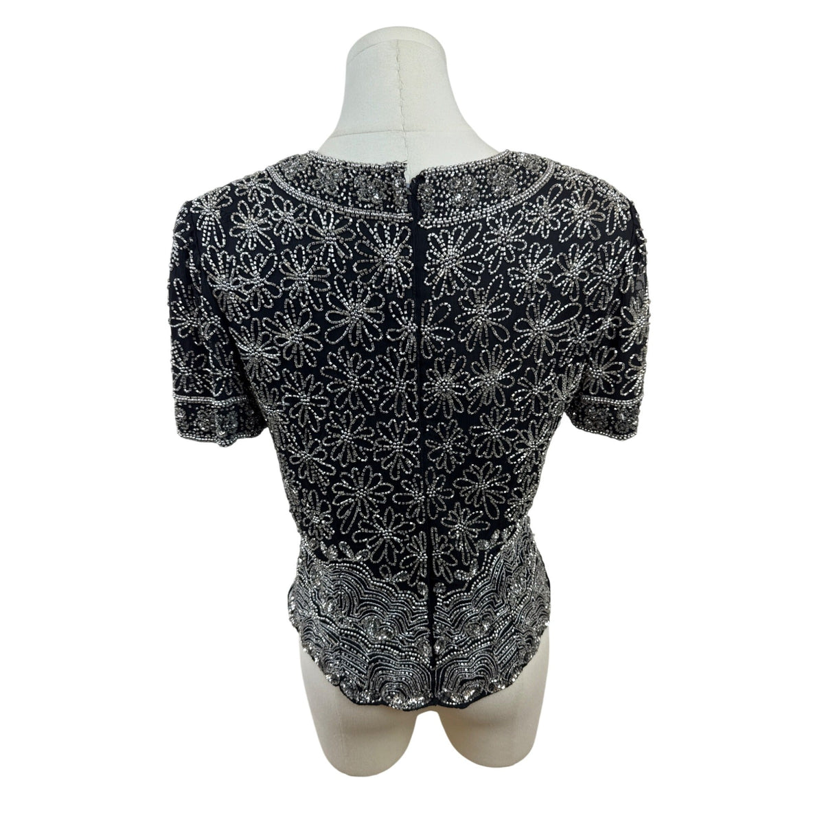 Papell Boutique Evening Black & Silver Beaded Silk Top Short Sleeve Floral Sz S