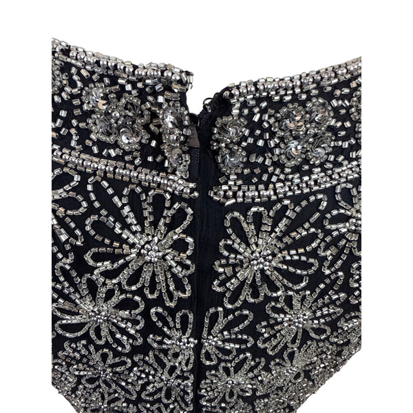 Papell Boutique Evening Black & Silver Beaded Silk Top Short Sleeve Floral Sz S
