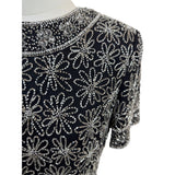 Papell Boutique Evening Black & Silver Beaded Silk Top Short Sleeve Floral Sz S