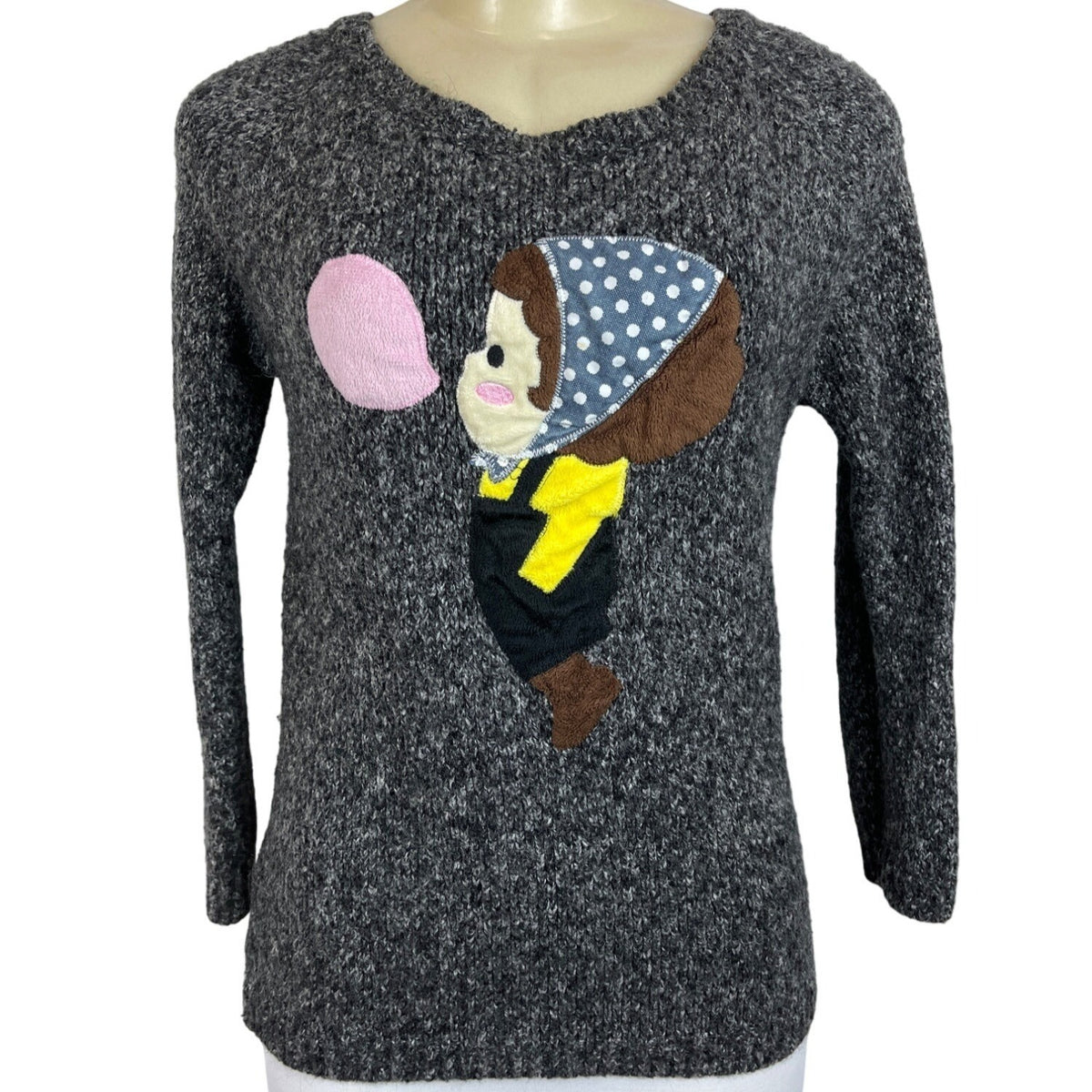 Women's Vintage Gray Knitted Long Sleeve Sweater With Cartoon Applique Design