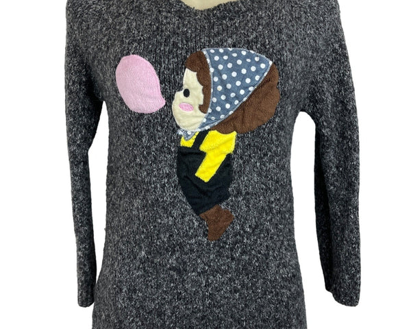 Women's Vintage Gray Knitted Long Sleeve Sweater With Cartoon Applique Design