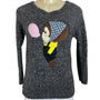 Women's Vintage Gray Knitted Long Sleeve Sweater With Cartoon Applique Design