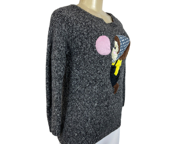 Women's Vintage Gray Knitted Long Sleeve Sweater With Cartoon Applique Design