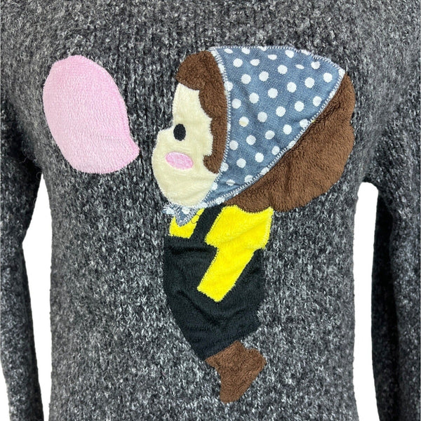 Women's Vintage Gray Knitted Long Sleeve Sweater With Cartoon Applique Design