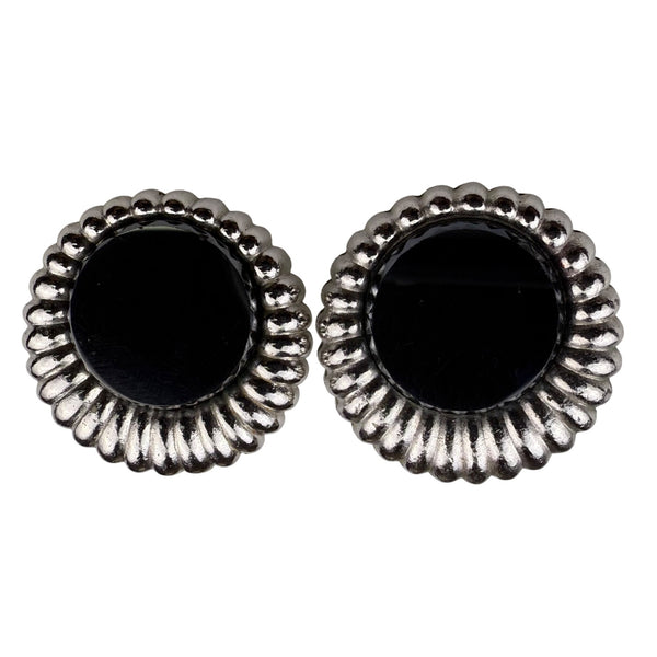 Sarah Coventry Womens Silver Tone Clip-On Earrings Retro 1960s Scalloped Black Accents