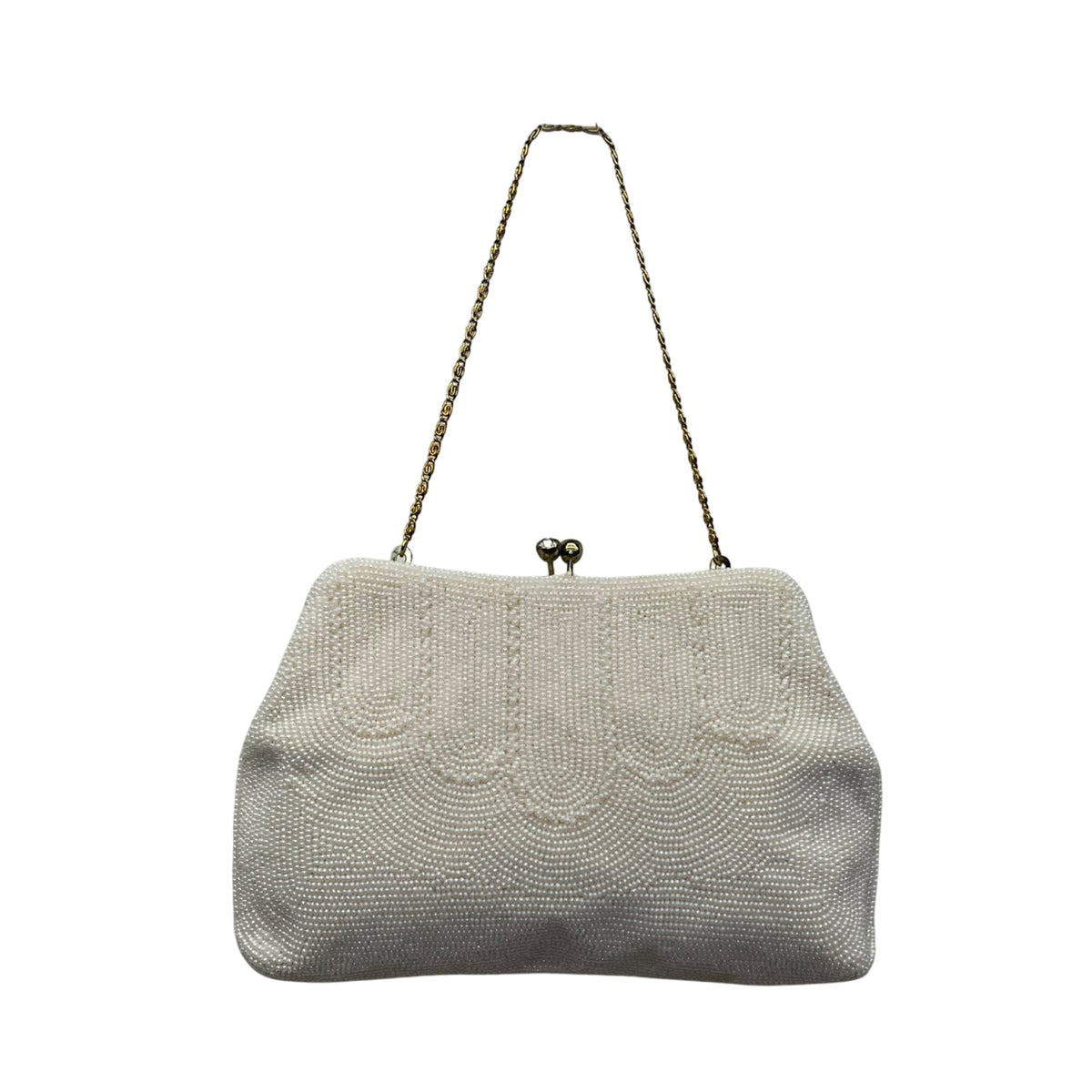 Vintage Safco Bag White Beaded With Chain Handle & Kiss Lock Clutch Size S