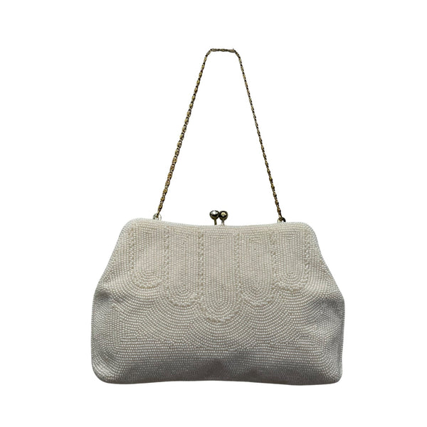 Vintage Safco Bag White Beaded With Chain Handle & Kiss Lock Clutch Size S