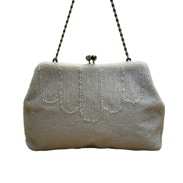Vintage Safco Bag White Beaded With Chain Handle & Kiss Lock Clutch Size S