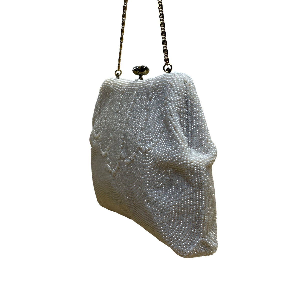 Vintage Safco Bag White Beaded With Chain Handle & Kiss Lock Clutch Size S
