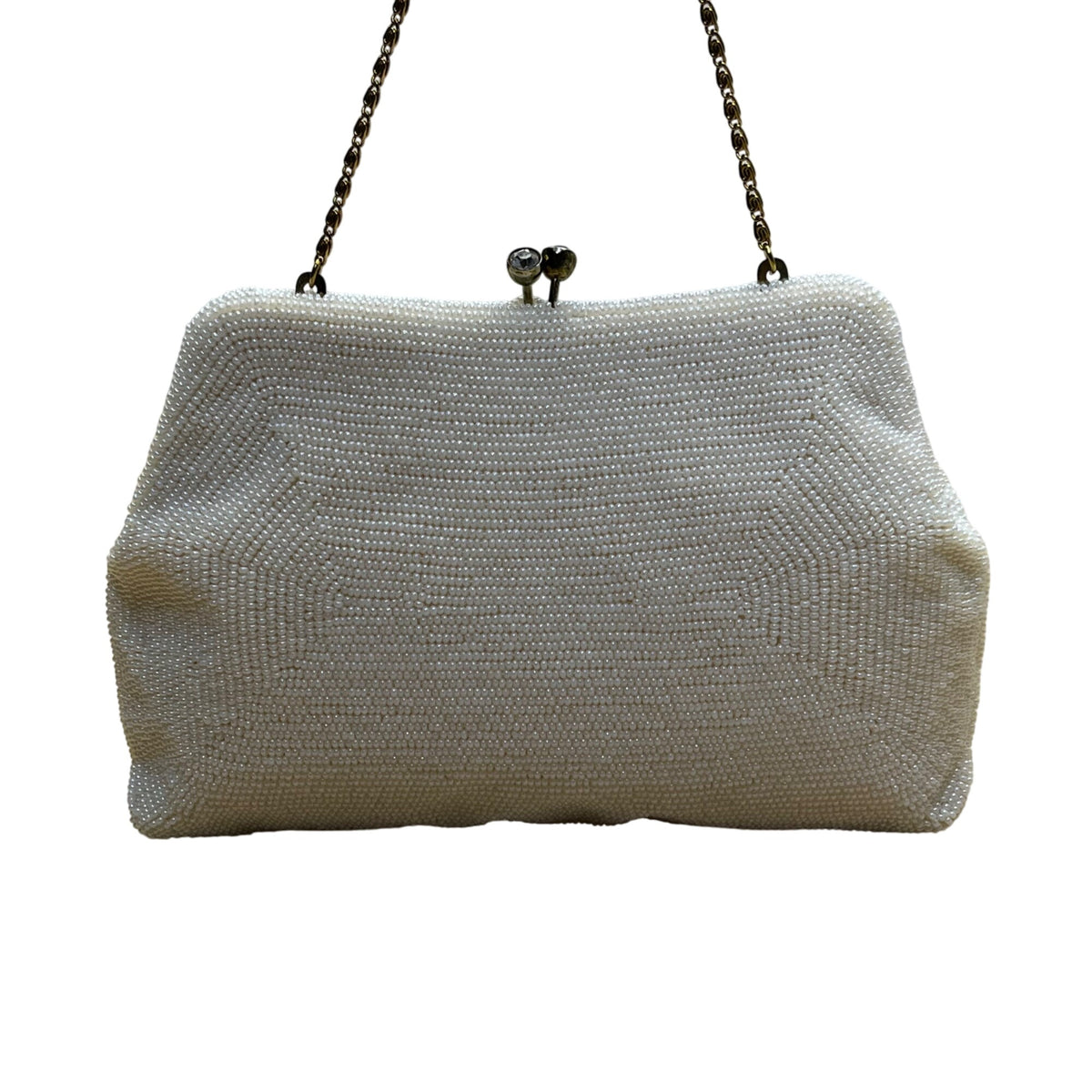Vintage Safco Bag White Beaded With Chain Handle & Kiss Lock Clutch Size S