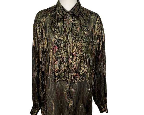 Vintage Escada By Margaretha Ley Metallic Blouse With Ruffle Detail Size 42