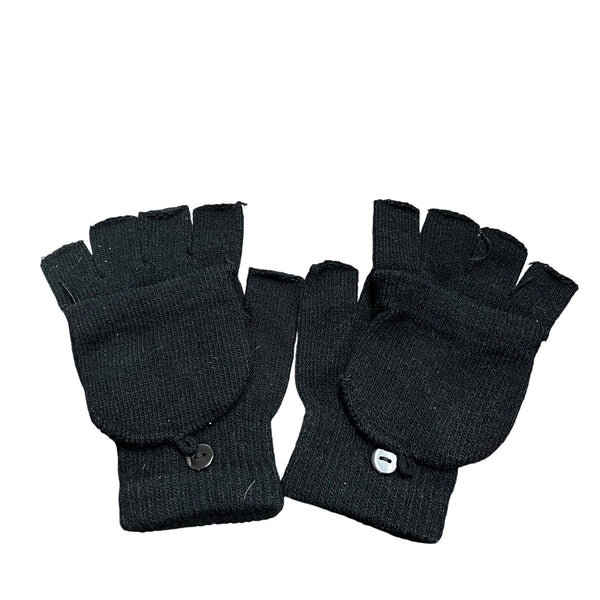 Black Knit Fingerless Convertible Gloves Mittens Adults