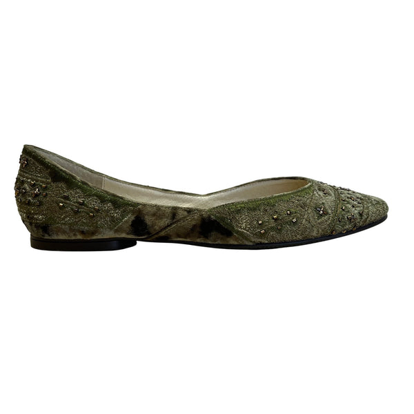 Amanda Smith Olive Green & Copper Velvet Beaded Geenie Flat Shoes Size 7.5 M