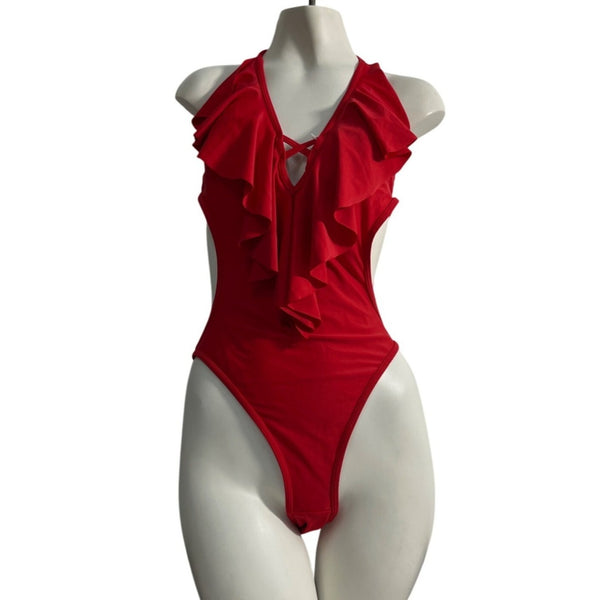 Lommitti Red Halter Neck Ruffled One-Piece Swimsuit Sz L