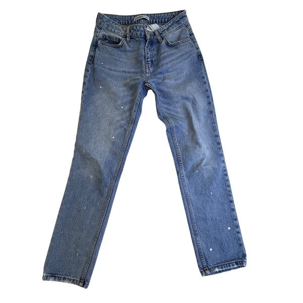 Zara Womens Light Blue Denim Jeans 1975 Crystal Embellished Straight Leg Size 00