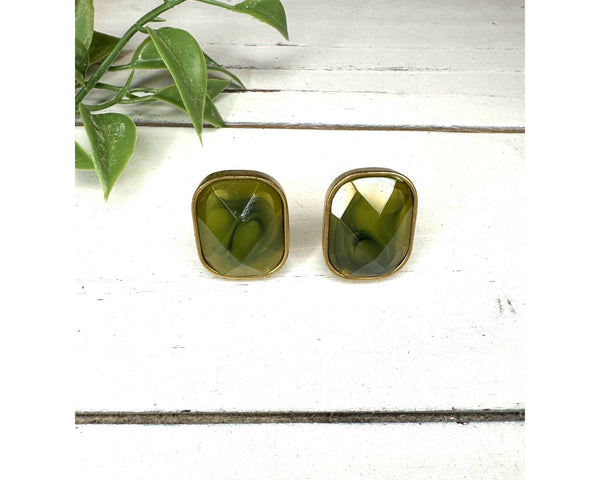 Vintage Gold Tone with Green Rock Clip On Earrings