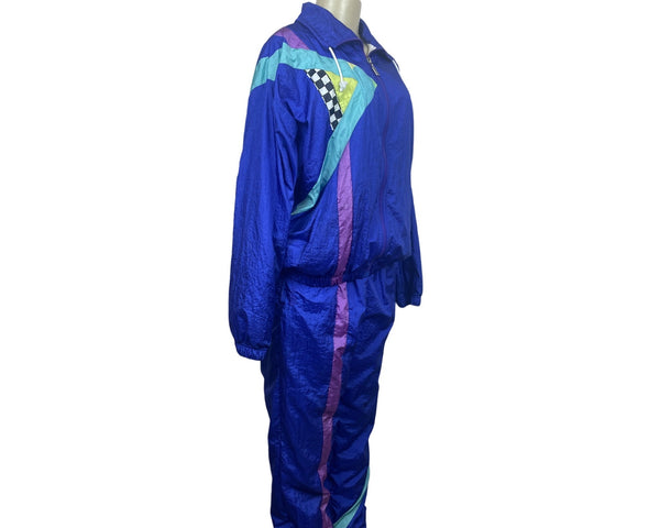 Sergio Tacchini Vintage Womenβs Bright Blue Nylon Tracksuit Geometric Print 90s Style S
