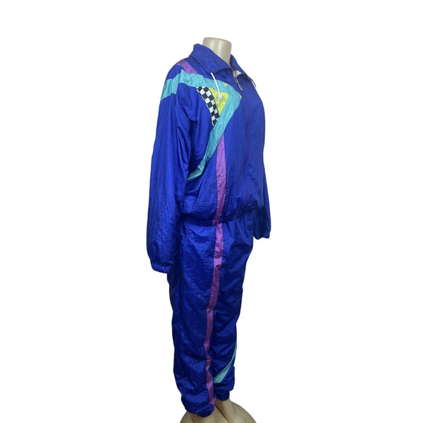 Sergio Tacchini Vintage Women’s Bright Blue Nylon Tracksuit Geometric Print 90s Style S