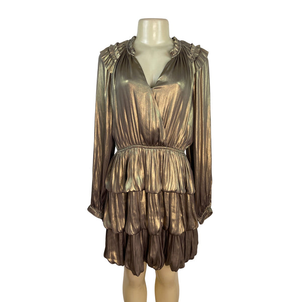 Metallic Gold Tiered Ruffle Long Sleeve Mini Dress By Current Air Size S