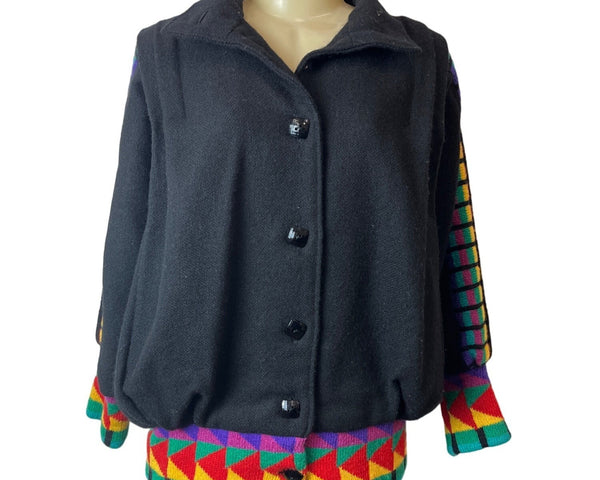 Vintage Ragamuffin Black Multicolored Button Down Wool Cardigan Sweater Sz M/L