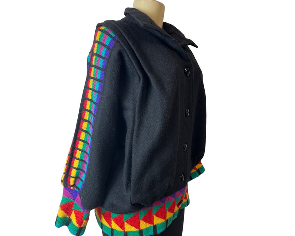 Vintage Ragamuffin Black Multicolored Button Down Wool Cardigan Sweater Sz M/L