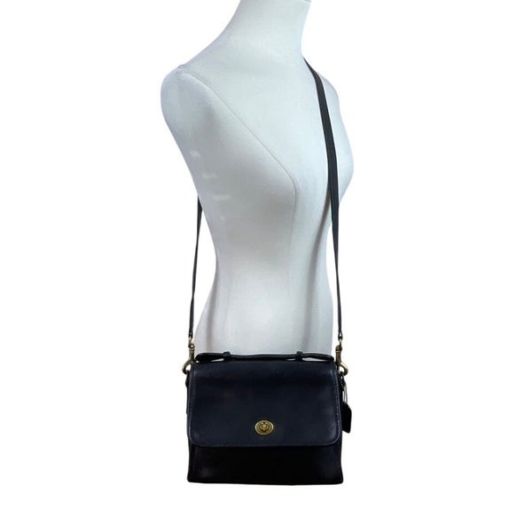 Vintage Coach Black Leather Turn Lock Adjustable Strap Crossbody Bag Sz M