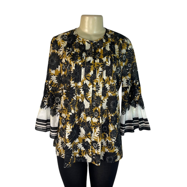 Kobi Halperin Black & Yellow Floral Print Blouse With Bell Sleeves Womens Size M