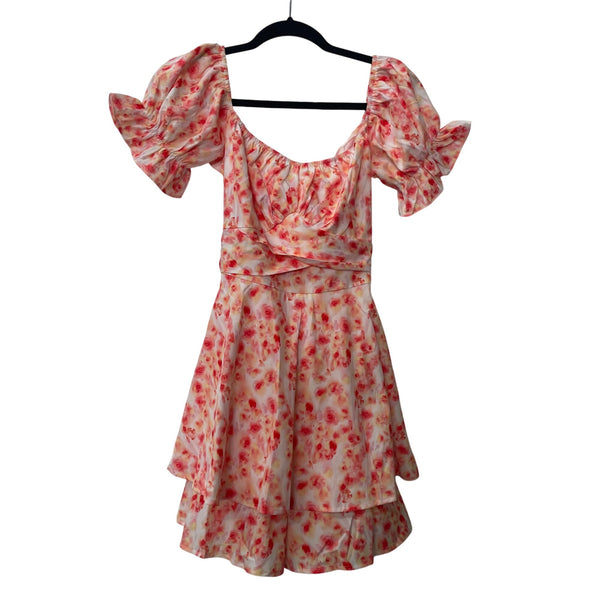 Floral Print Puff Sleeve Layered Dress White/Red Bow-Tie S