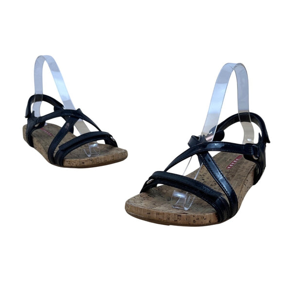 Prada Sport Black Patent Leather & Cork Sole Slingback Sandals Women's Sz 38