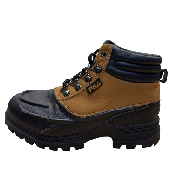 Fila Kids Black & Brown Leather Hiking Boots Size 2 Durable Outdoor Footwear Lace-Up