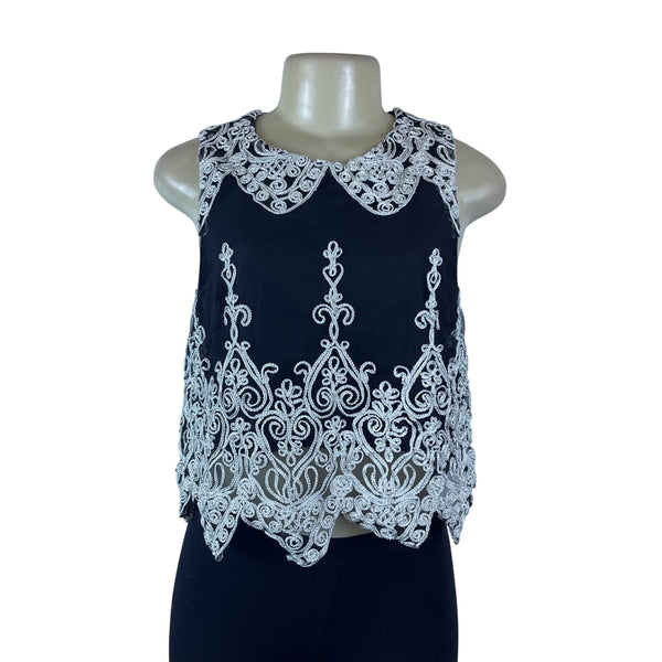 Design Lab Women's Black Embroidered Lace Tank Top Peter Pan Collar Size S