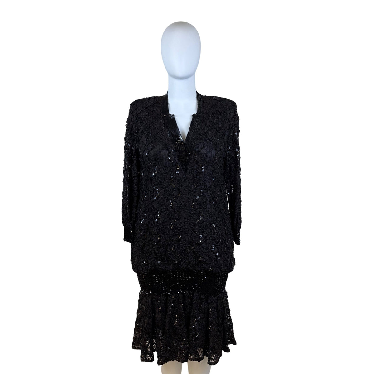Damianou Black Lace Sequin Women's Long Sleeve Dress V Neck Elegant Size XL