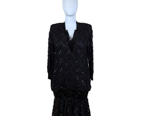Damianou Black Lace Sequin Women's Long Sleeve Dress V Neck Elegant Size XL