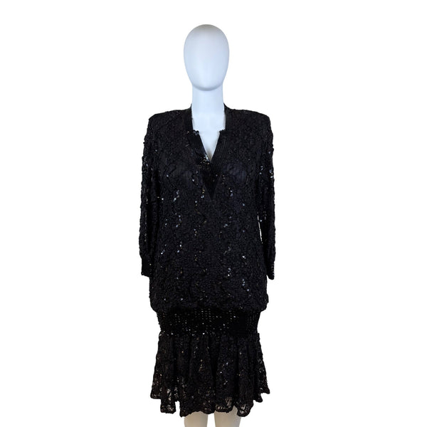 Damianou Black Lace Sequin Womens Long Sleeve Dress V-Neck Elegant Sz XL