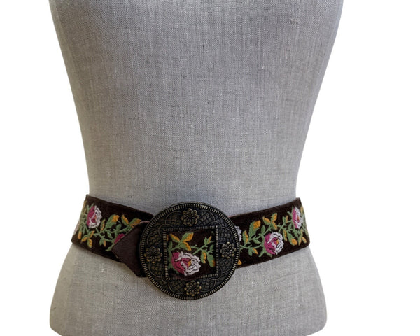 Vintage Hadley Pollet Embroidered Velvet Belt With Floral Design & Metal Buckle