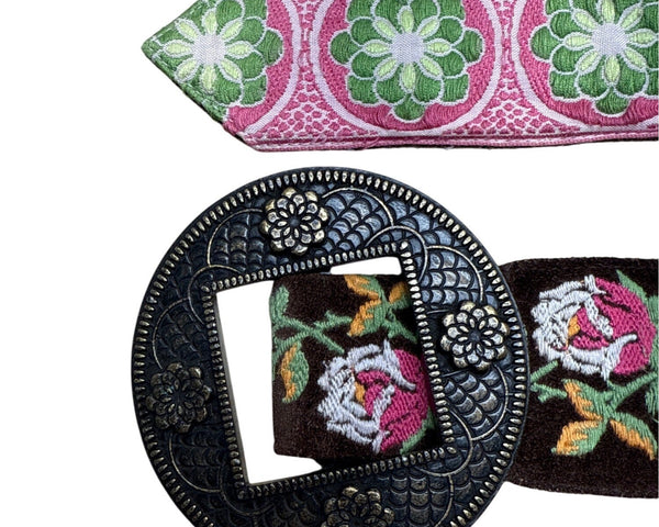 Vintage Hadley Pollet Embroidered Velvet Belt With Floral Design & Metal Buckle