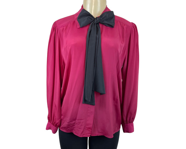 Vintage-Inspired Long Sleeve Blouse W/ Black Bow Tie Neck By Josephine Size 6