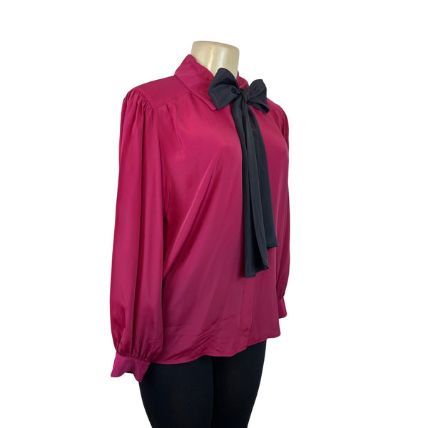 Vintage-Inspired Long Sleeve Blouse W/ Black Bow Tie Neck By Josephine Size 6