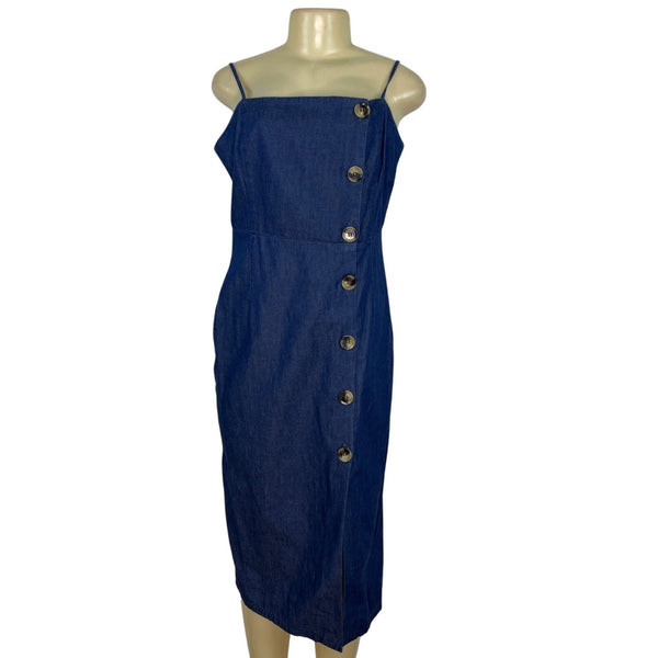 Topshop Moto Denim Midi Dress With Button Detail & Spaghetti Straps Size 8