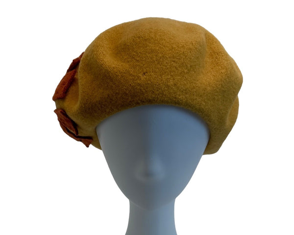 Fezko Women's Yellow Wool Flower Design Beret - One Size