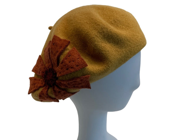 Fezko Women's Yellow Wool Flower Design Beret - One Size